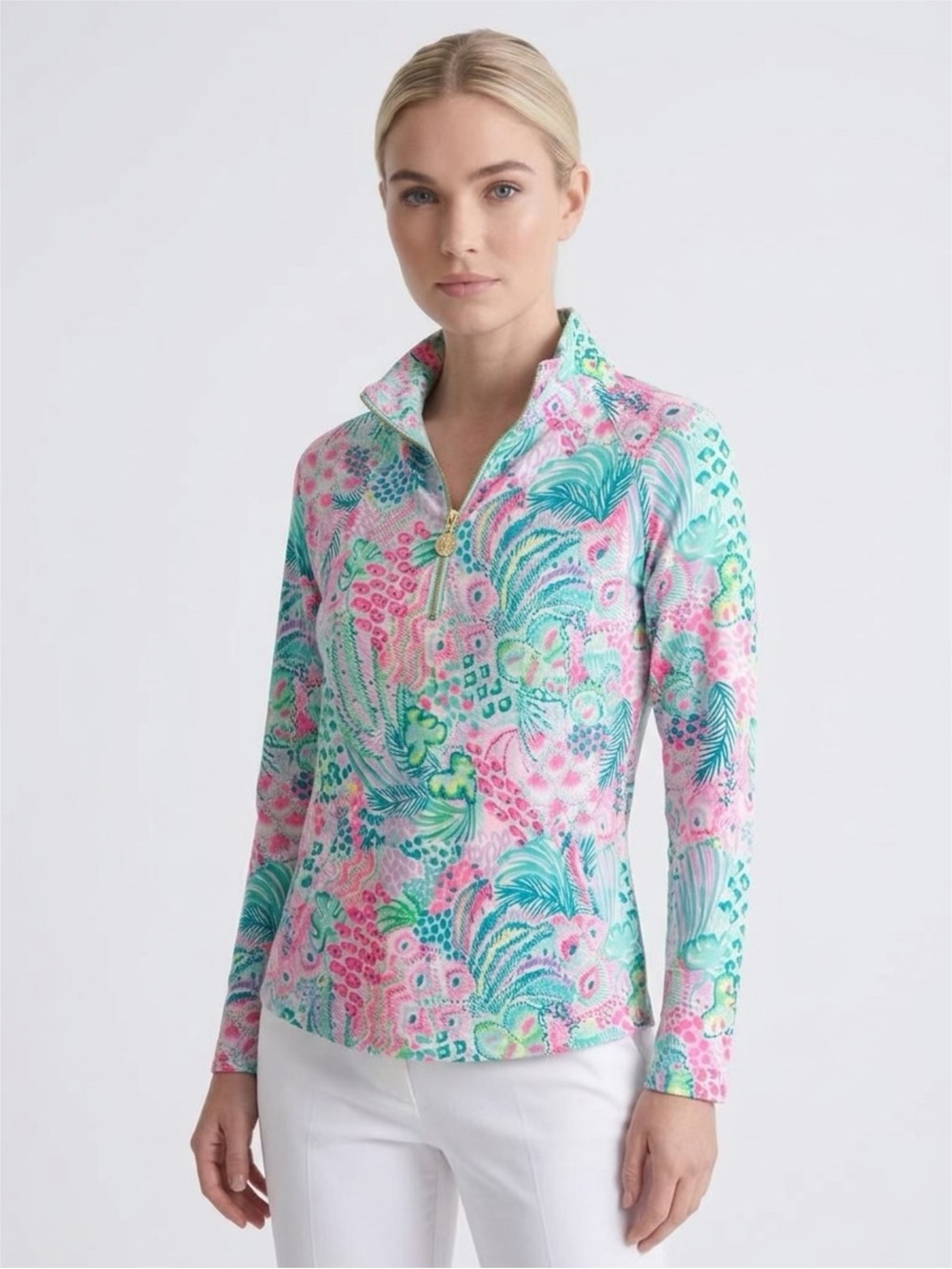 Lilly Pulitzer Pink & Aqua Floral Quarter-Zip Top